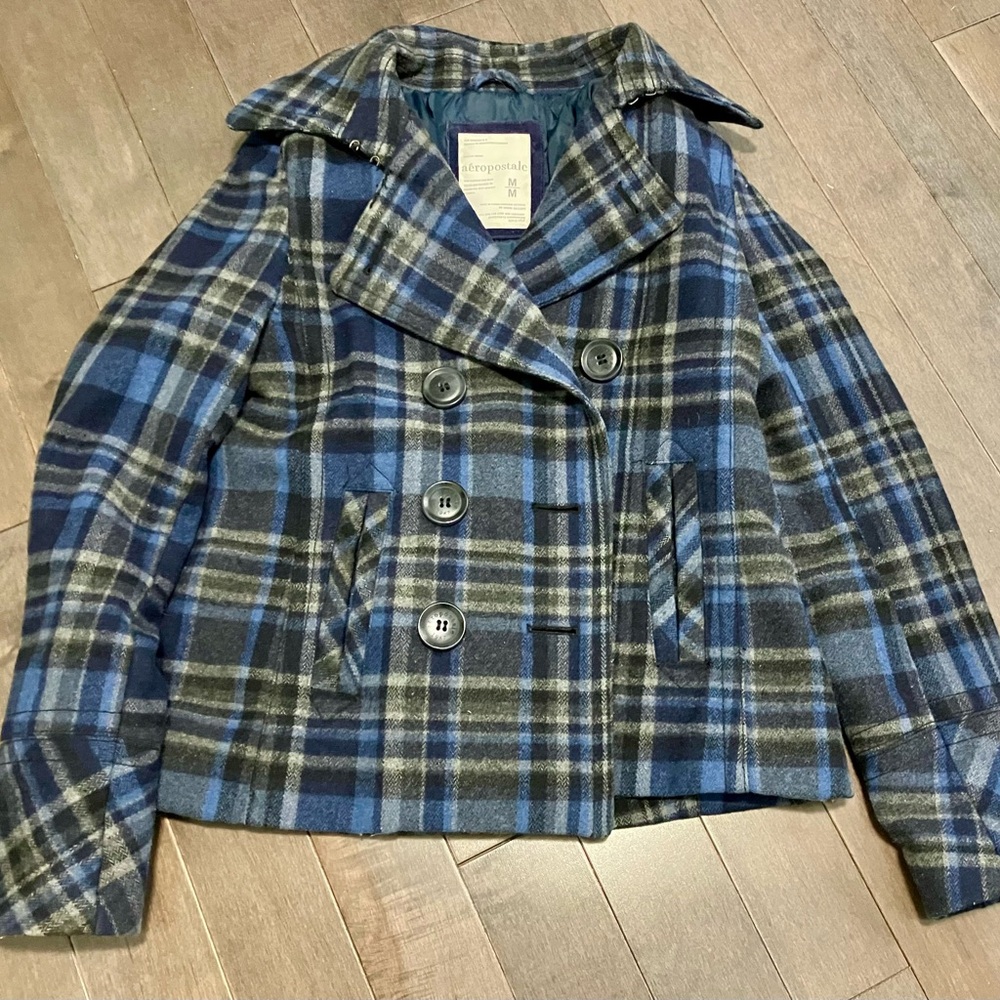 Aeropostale Women’s Y2K Navy Blue & Black Wool Blend Casual  Pea Coat Size M